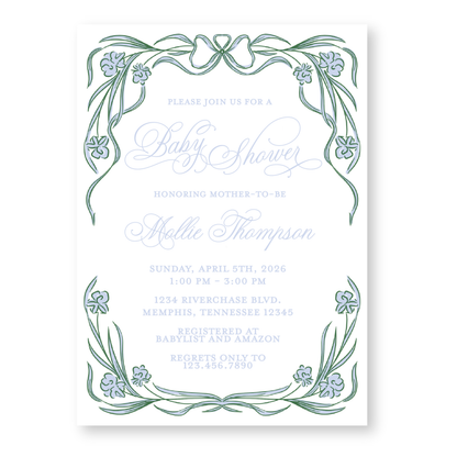 Blue and Green Floral Frame Baby Shower Invitation