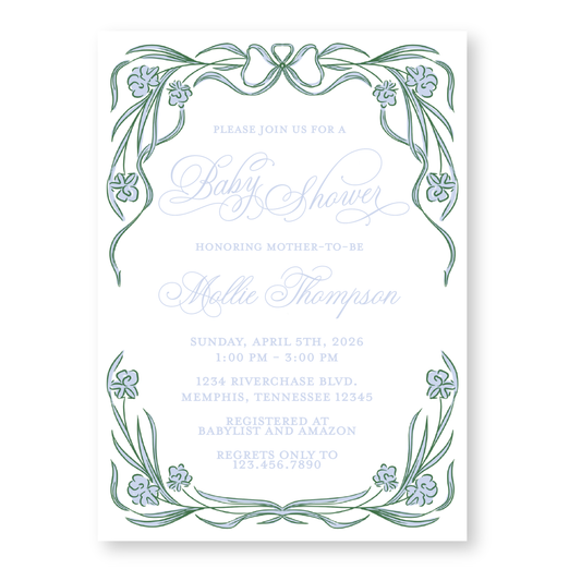 Blue and Green Floral Frame Baby Shower Invitation