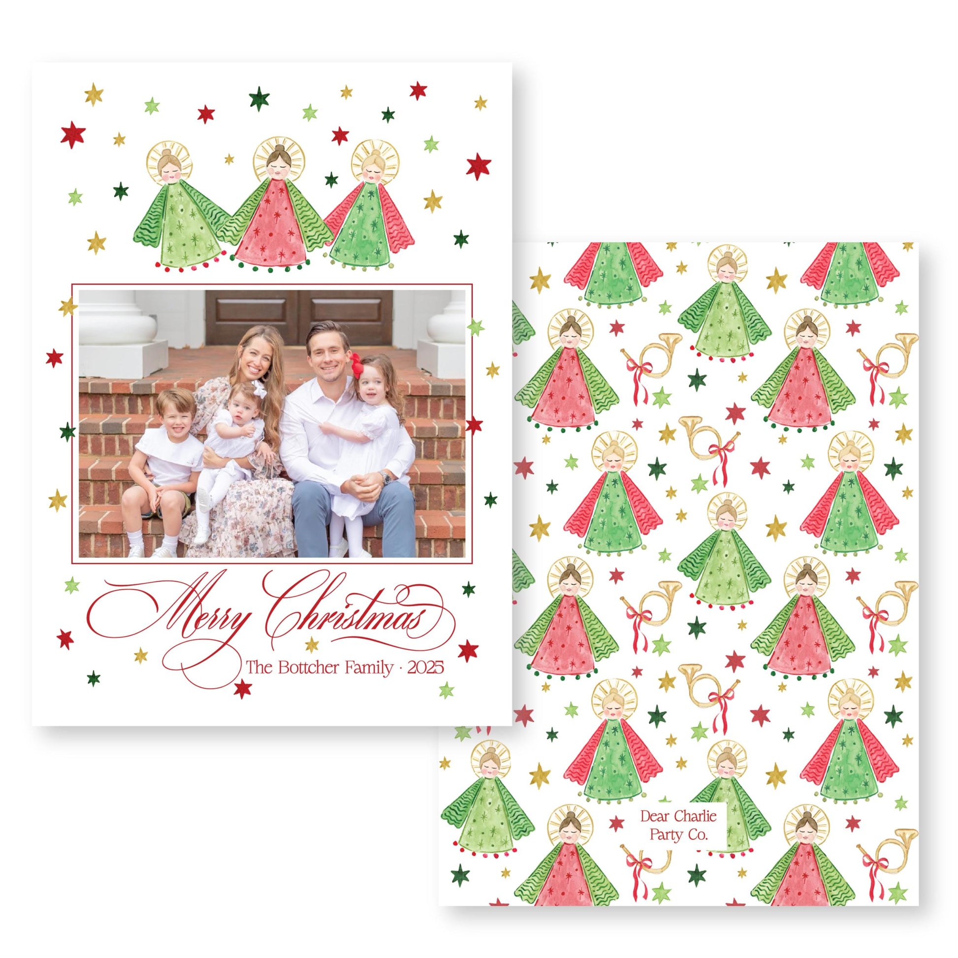 A family photo is displayed on a Christmas card with a pattern of green and red angels and stars. The card also includes a message that reads "Merry Christmas The Botcher Family 2015".