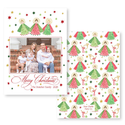 A family photo is displayed on a Christmas card with a pattern of green and red angels and stars. The card also includes a message that reads "Merry Christmas The Botcher Family 2015".