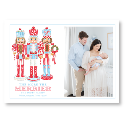 The image is a collage of two photos. On the left, there is a drawing of two nutcrackers, and on the right, there is a photo of a family, including a man, a woman, and a baby.