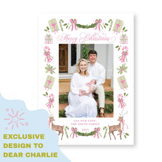 Exclusive Art | Reindeer and Ribbons, Pink Holiday Card | 5x7 Holiday Photo Card with Envelope