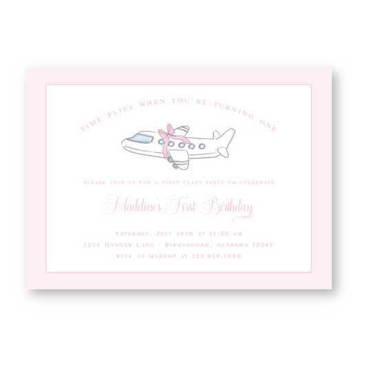 Pink Plane Time Flies Birthday Invitation