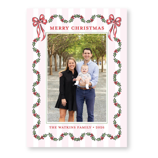 Holly Jolly Stripes in Pink | 5x7 Holiday Photo Card with Envelope