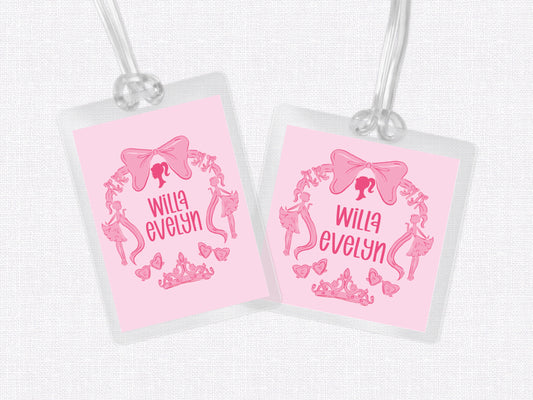 Pink Doll Crest Bag Tag, Luggage Tag, Laminated Bag Tag, Girl Backpack Tag