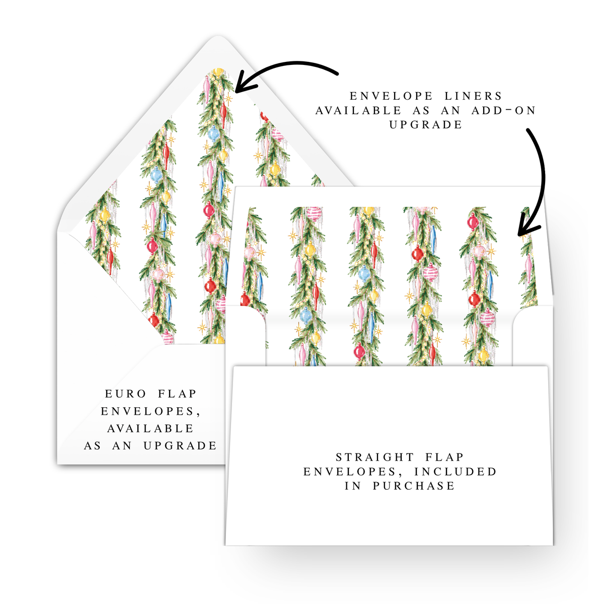 Christmas-themed envelopes with a floral pattern and Christmas ornaments. The text indicates that the envelopes are available as an upgrade and can be used for a straight flap envelope.