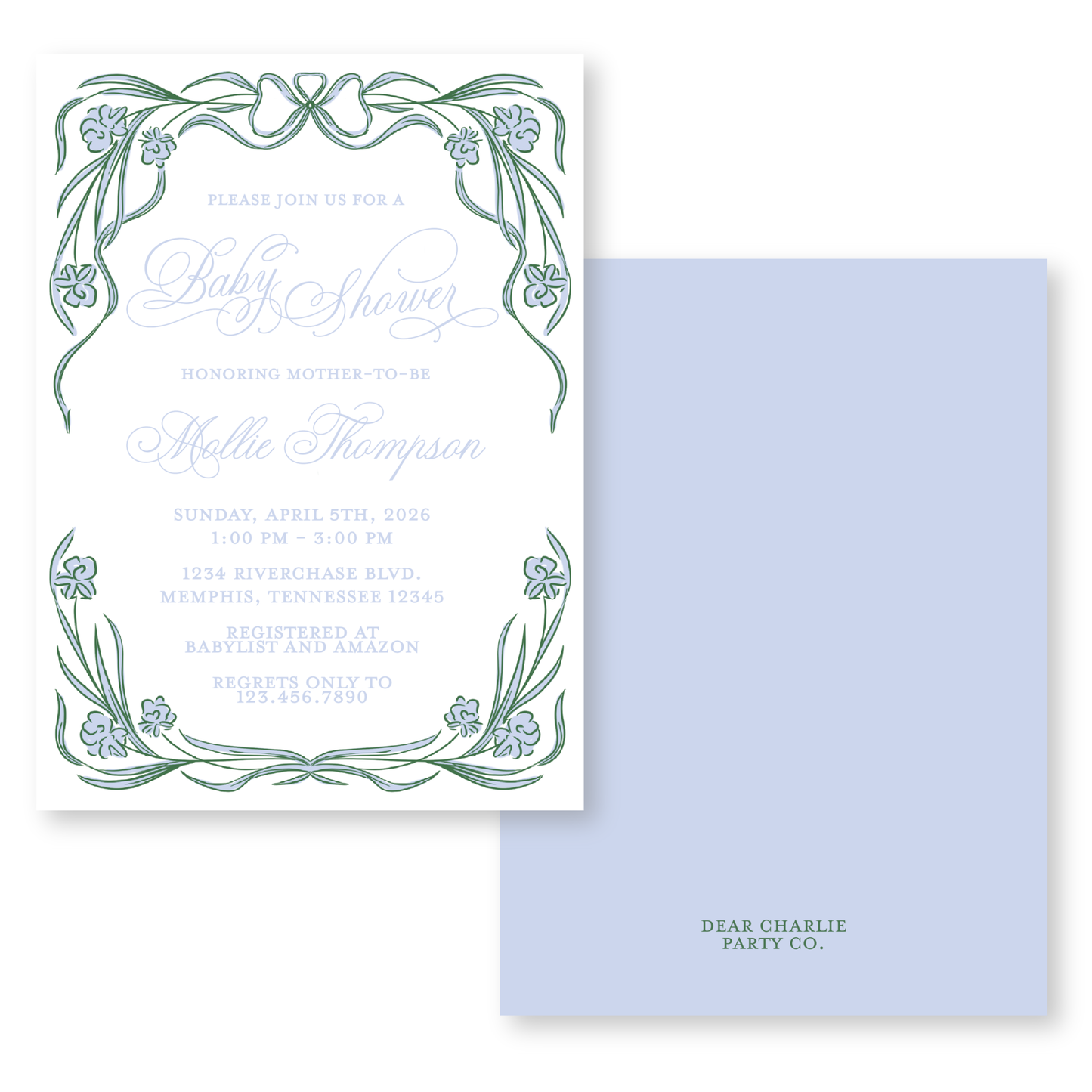 Blue and Green Floral Frame Baby Shower Invitation