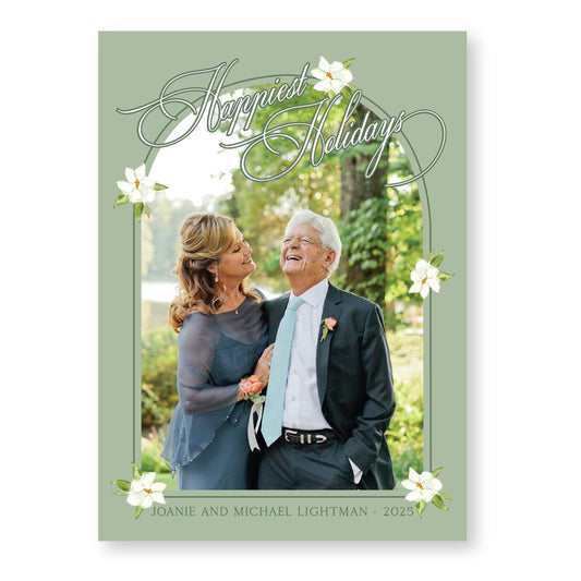 Merry Magnolias Arch in Green | 5x7 Holiday Photo Card with Envelope