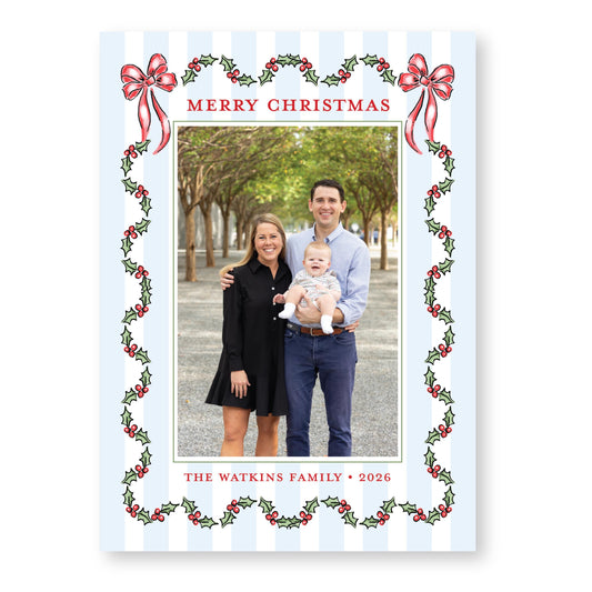 Holly Jolly Stripes in Blue | 5x7 Holiday Photo Card with Envelope