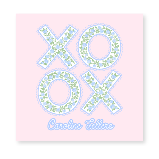 a pink card with the words xo and xo on it