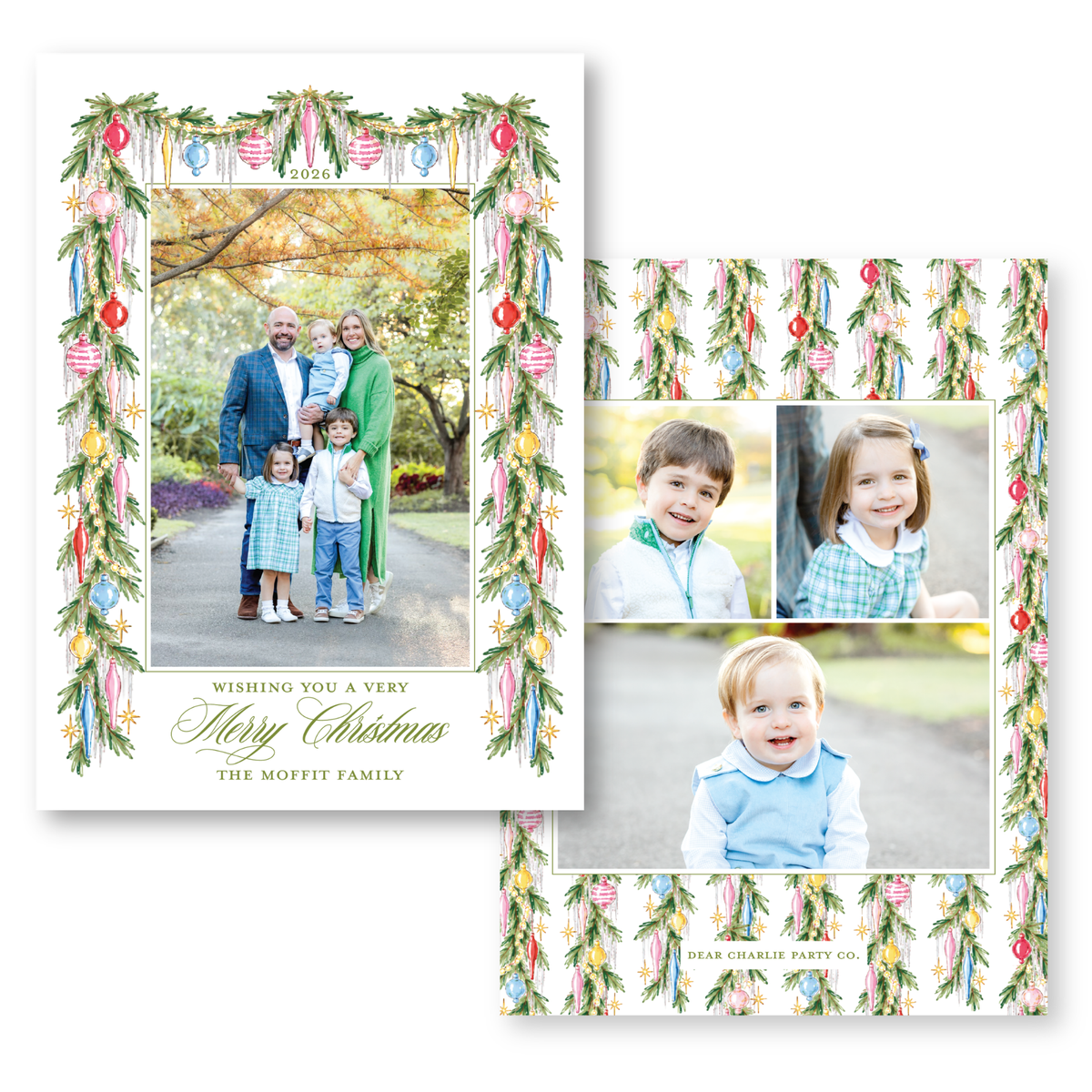 The image is a holiday-themed family photo collage with a festive border and decorations. The collage includes a family portrait, a young child, and two smaller images of children. The text on the collage wishes the viewer a very Merry Christmas and is written in a decorative font.