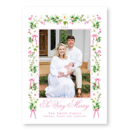 Merry Magnolias in Pink | 5x7 Holiday Photo Card with Envelope