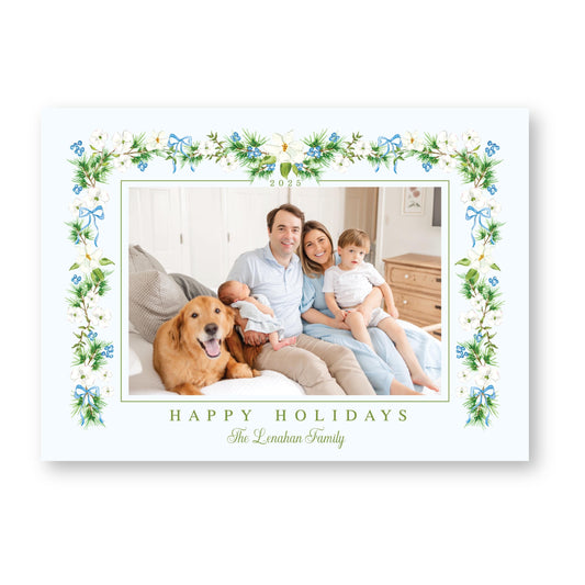 Merry Magnolias in Blue | 5x7 Holiday Photo Card with Envelope