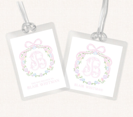 Floral Wreath Monogram Bag Tag, Monogram Bag Tag, Girl Bag Tag