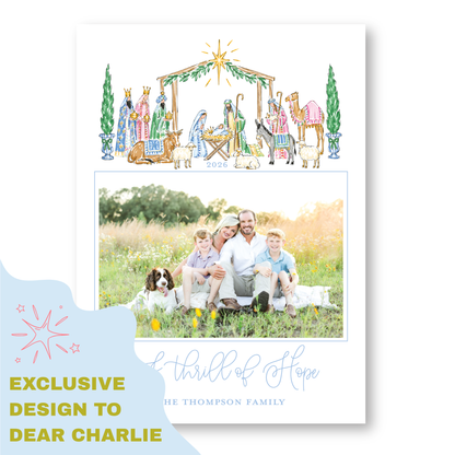 The image is a collage of two photos. The top photo depicts a nativity scene with people and animals, while the bottom photo shows a family of four people and their dog in a field.