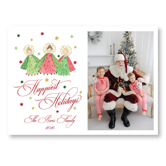 The image is a holiday-themed collage featuring a Santa Claus figure, three angel characters, and a family photo. The collage includes text that reads "Happiest Holidays" and "The Reic Family 2020".