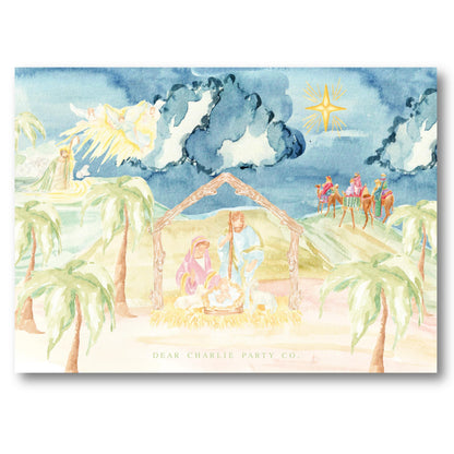 a watercolor painting of a nativity scene