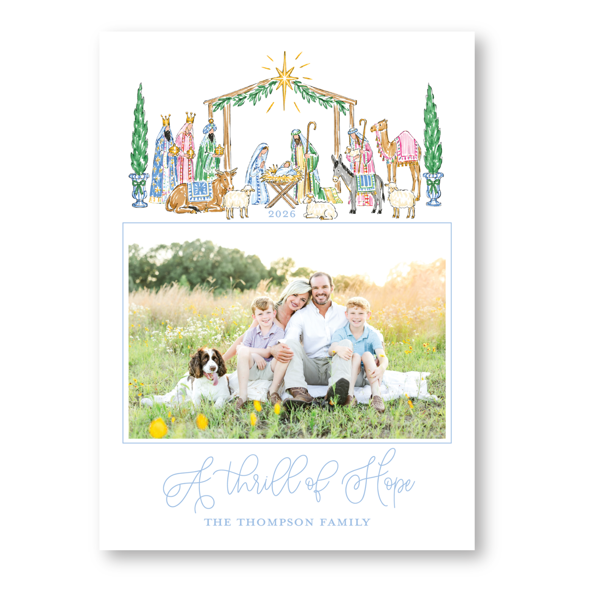 A family portrait of a happy family with a dog in a field, and a nativity scene with figures in a manger and a baby.