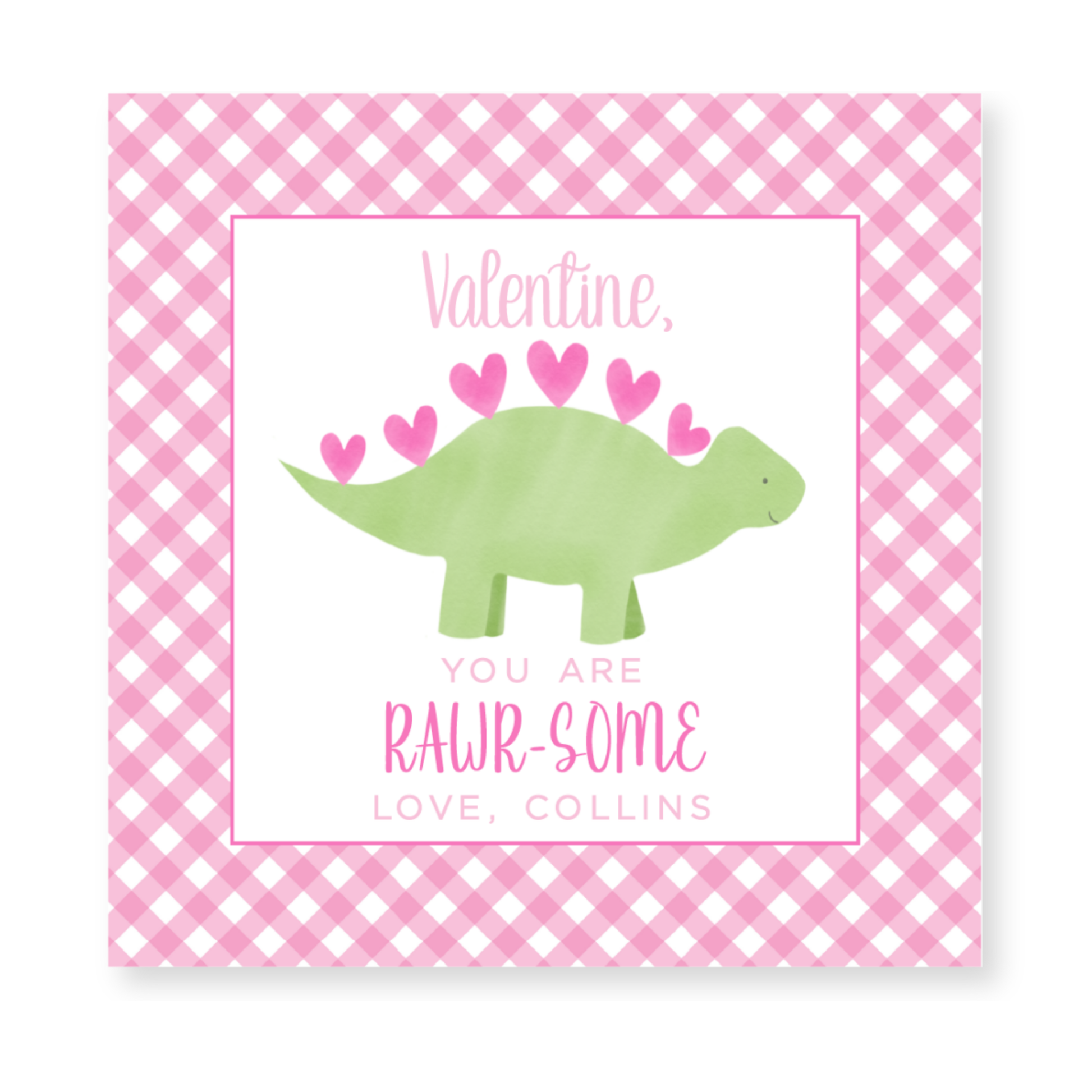 a pink and white checkered table cloth with a green dinosaur on it