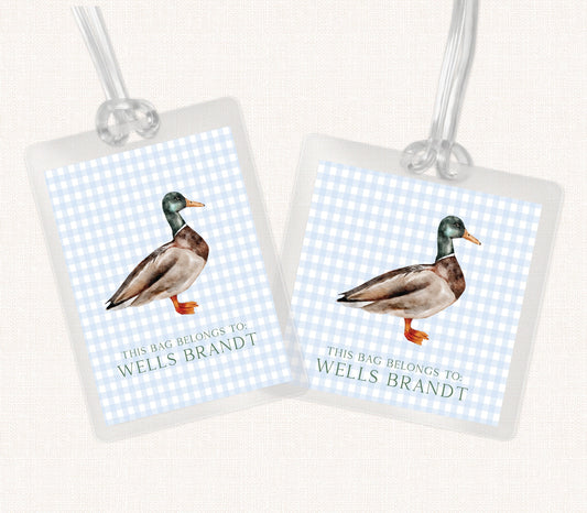 Blue Gingham Duck Bag Tag, Luggage Tag, Boy Bag Tag, Laminated Bag Tag, Boy Bag Tag