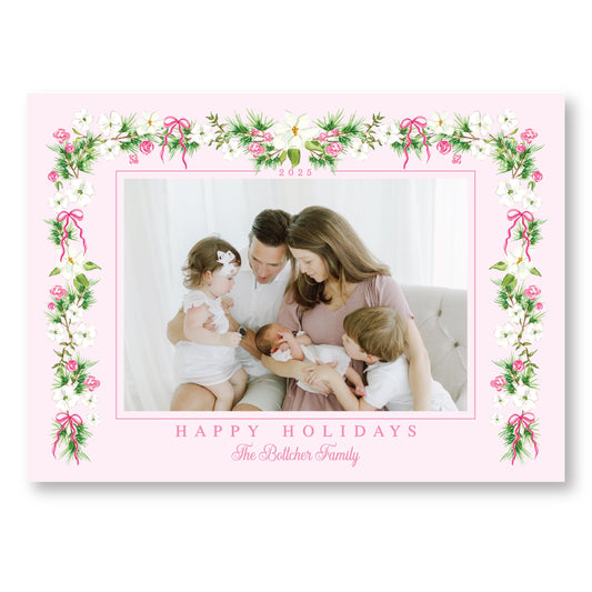 Merry Magnolias in Pink | 5x7 Holiday Photo Card with Envelope