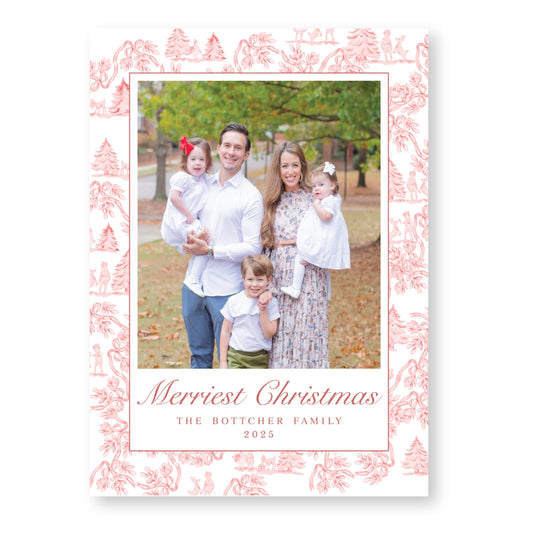 Holiday Toile Christmas Card | White and Red | 5x7 Holiday Photo Card with Envelope