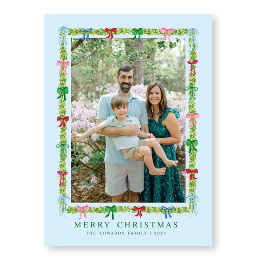 Decked in Bows Frame in Blue Card | 5x7 Holiday Photo Card with Envelope