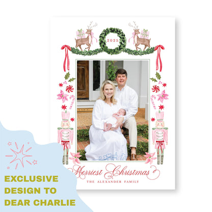 Exclusive Art | Reindeer, Nutcrackers and Ribbons Pink | 5x7 Holiday Photo Card with Envelope