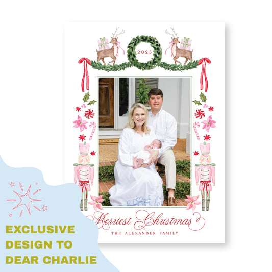Exclusive Art | Reindeer, Nutcrackers and Ribbons Pink | 5x7 Holiday Photo Card with Envelope