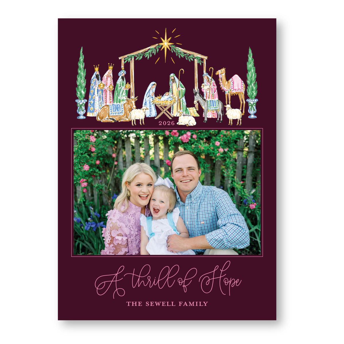 A family portrait of a man, woman, and child, with a nativity scene and a star above them, and the text "A Thrill of Hope" and "THE SEWELL FAMILY" at the bottom.