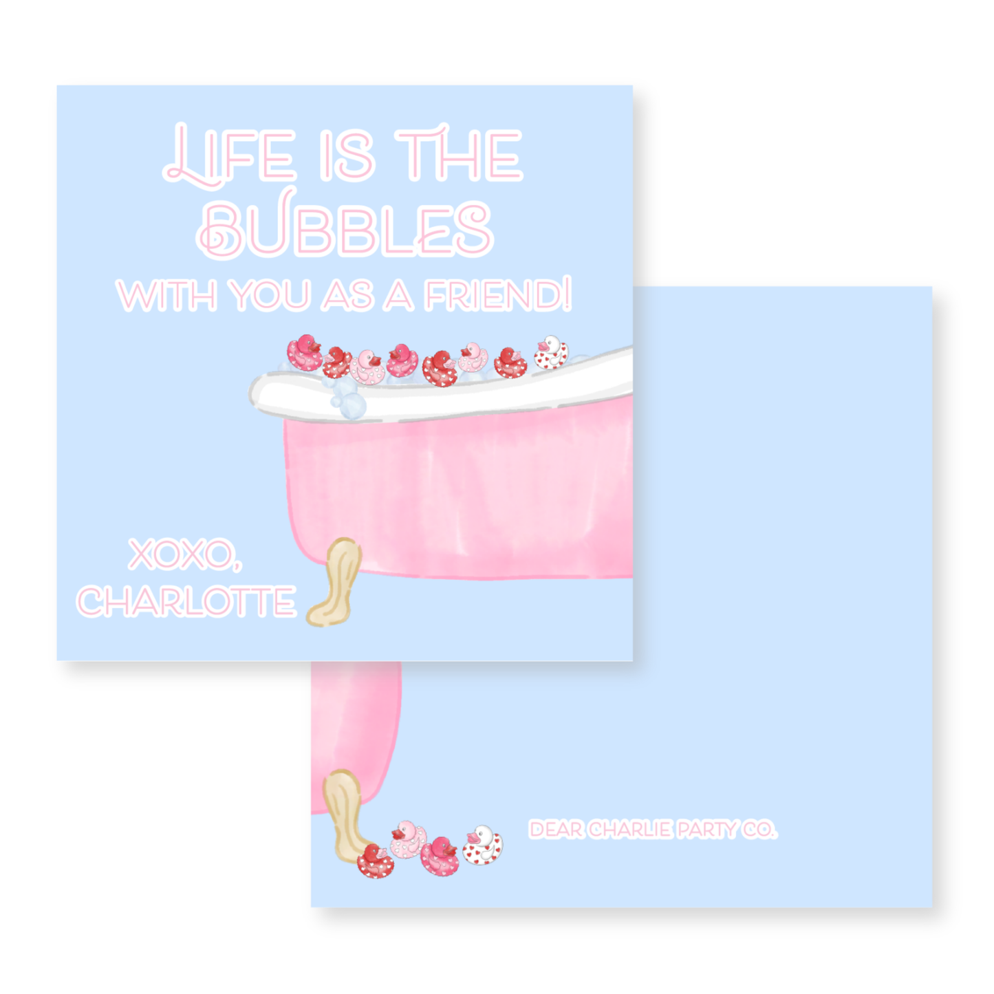 a card with a pink bathtub and ladybugs on it