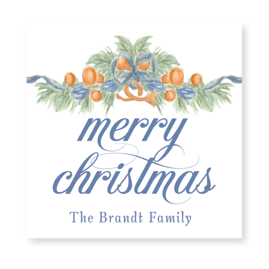 a merry christmas card with oranges and pine branches