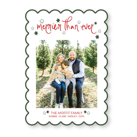 Starry Night Scallop Card in Traditional Christmas Colors | 5x7 Holiday Photo Card with Envelope