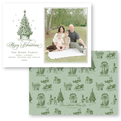 Toile Tidings Holiday Card in Green | 5x7 Holiday Photo Card with Envelope