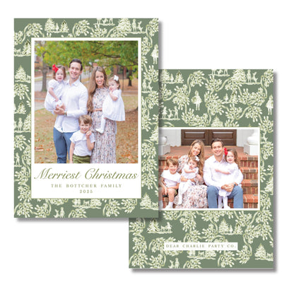Holiday Toile Christmas Card, Green | 5x7 Holiday Photo Card with Envelope