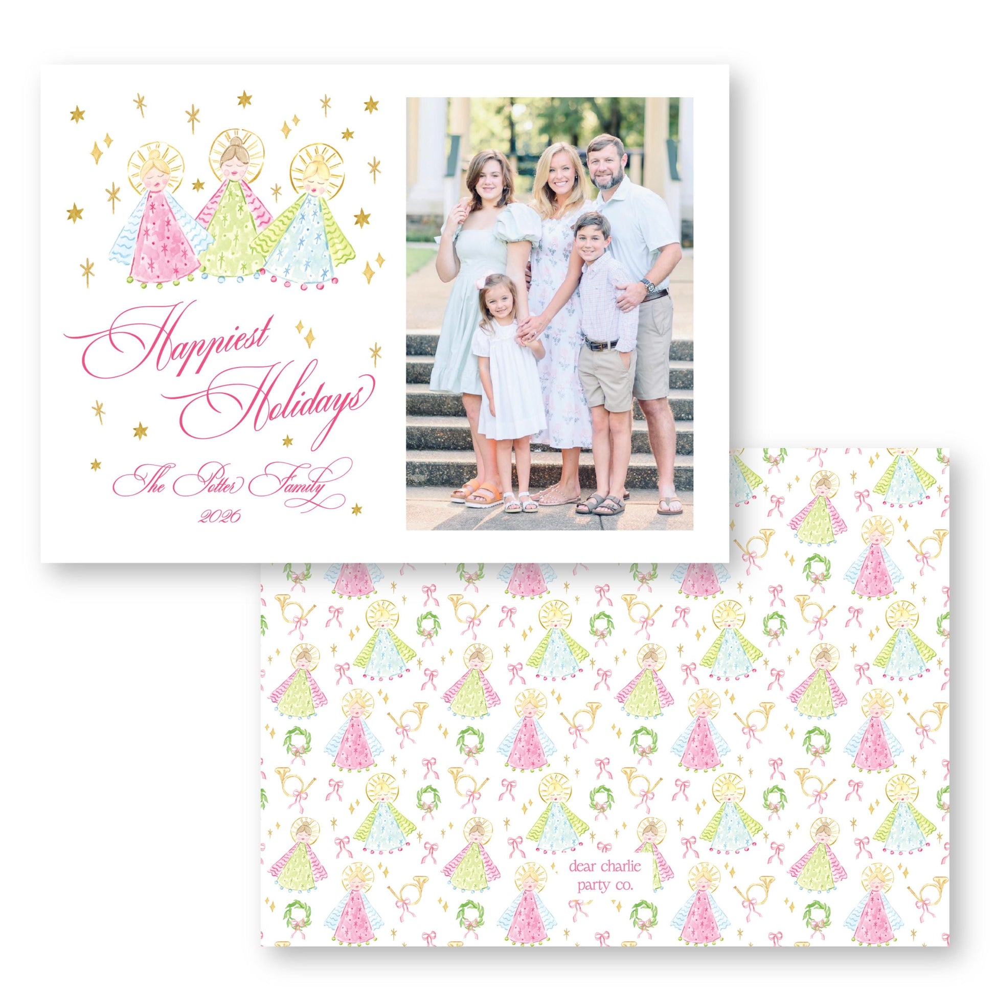 A family photo of a group of people, including adults and children, posing together for a holiday celebration. The photo is accompanied by a greeting card with a festive design featuring angels and Christmas trees.