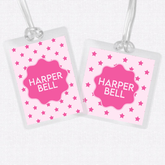 Pink Wavy Stars Bag Tag, Luggage Tag, Laminated Bag Tag