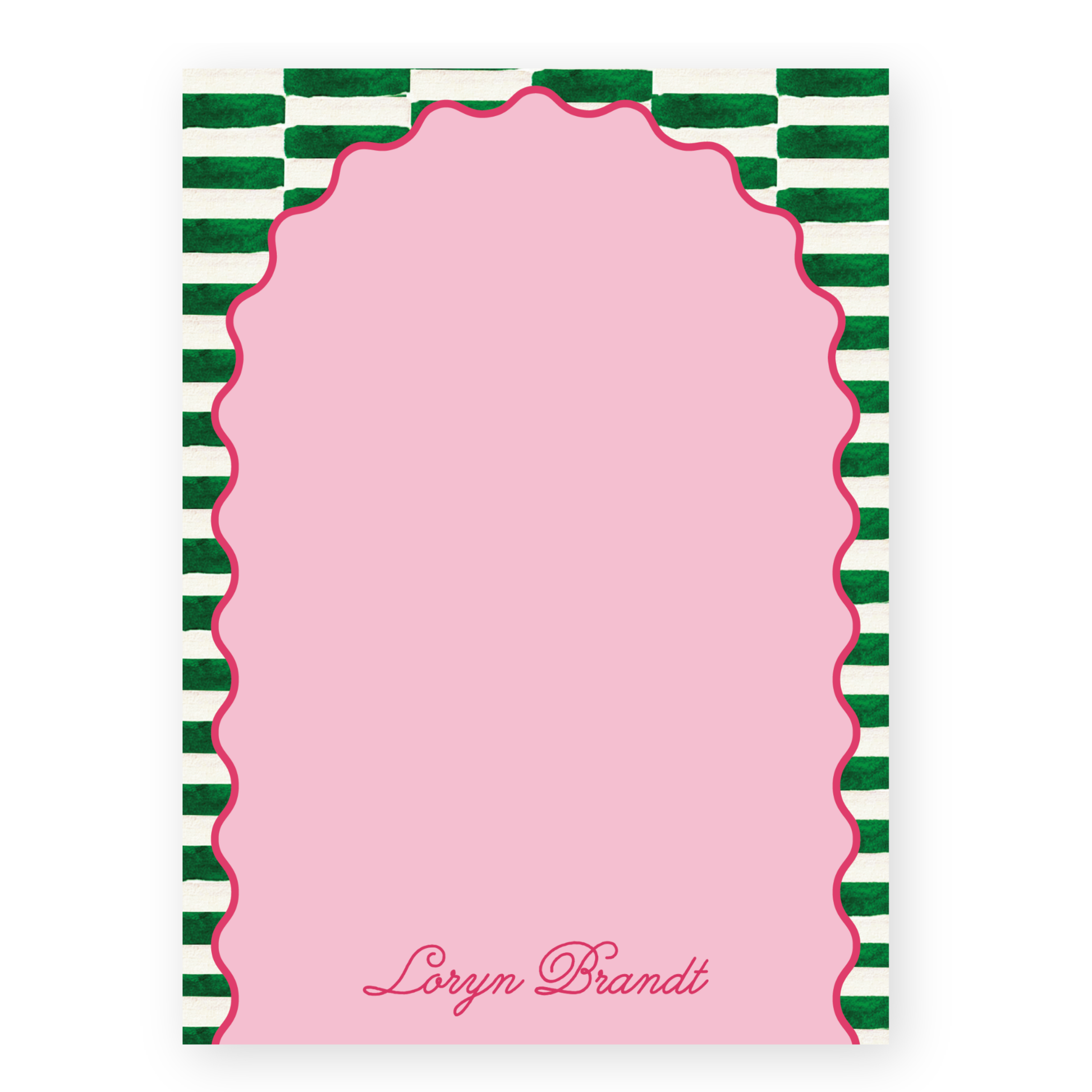 a pink and green striped card with a scalloped border