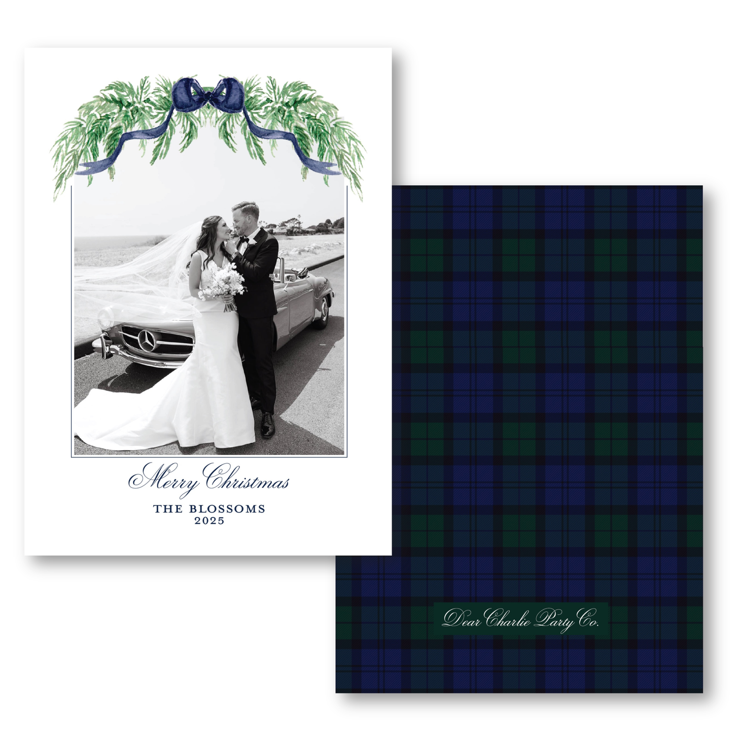 The image is a wedding invitation card featuring a bride and groom standing next to a car, with a festive holiday-themed design.