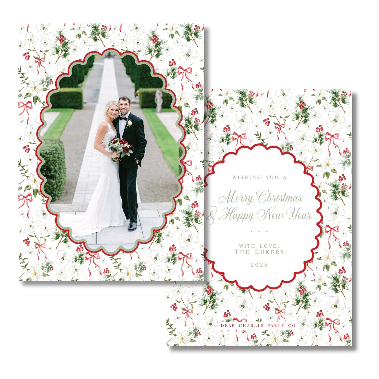 Merry Magnolias in Red, Scalloped | 5x7 Holiday Photo Card with Envelope