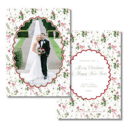 Merry Magnolias in Red, Scalloped | 5x7 Holiday Photo Card with Envelope