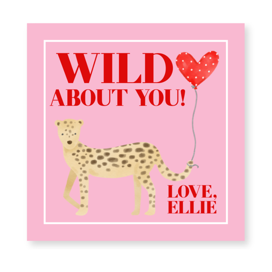 a pink poster with a cheetah holding a heart balloon