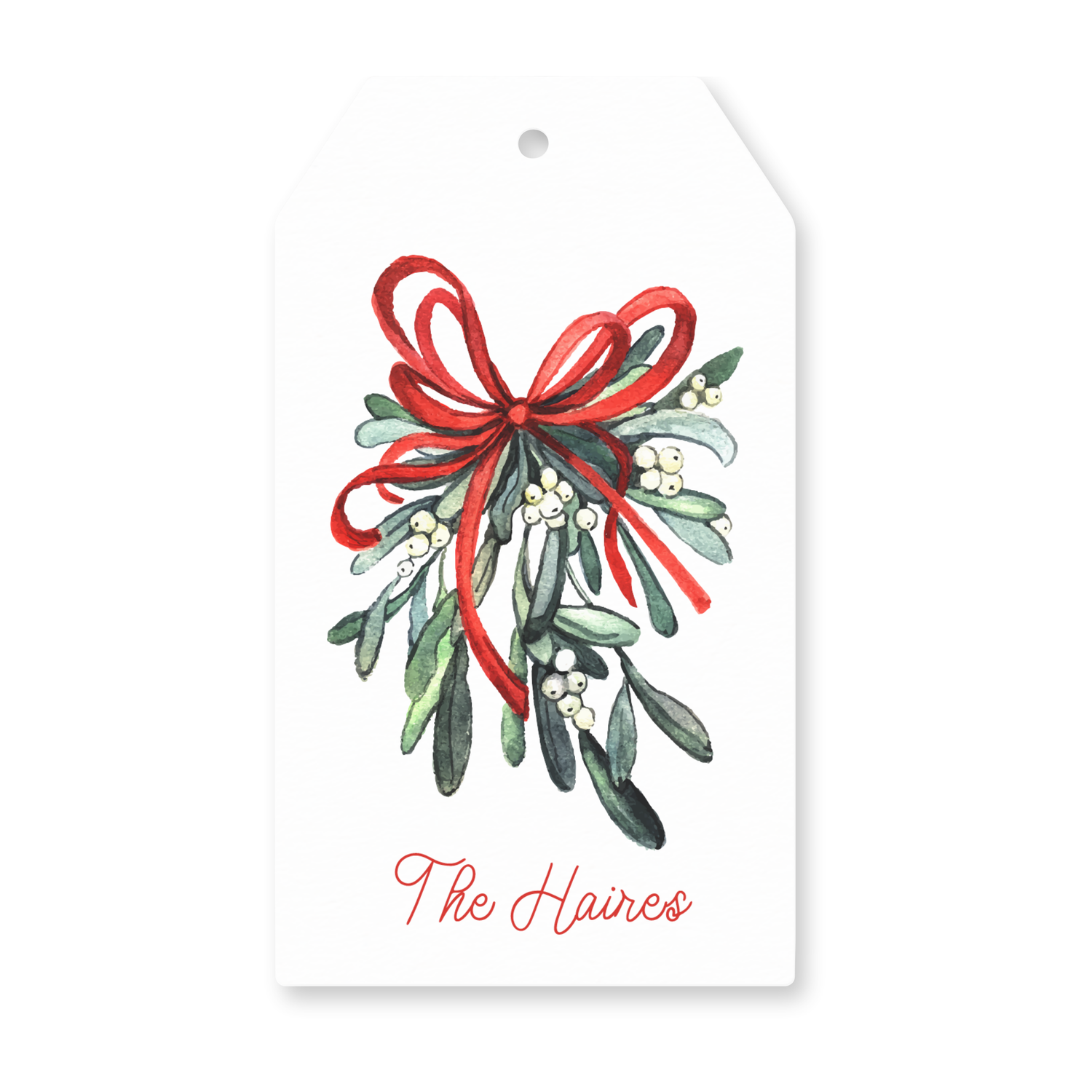 a christmas gift tag with a red bow and mist
