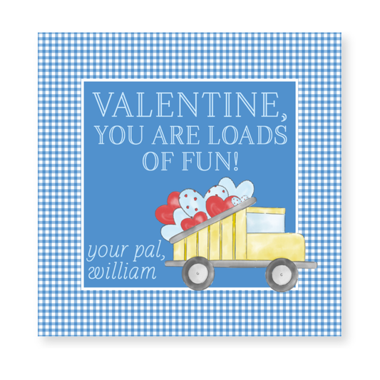 a valentine card with a dump truck filled with hearts