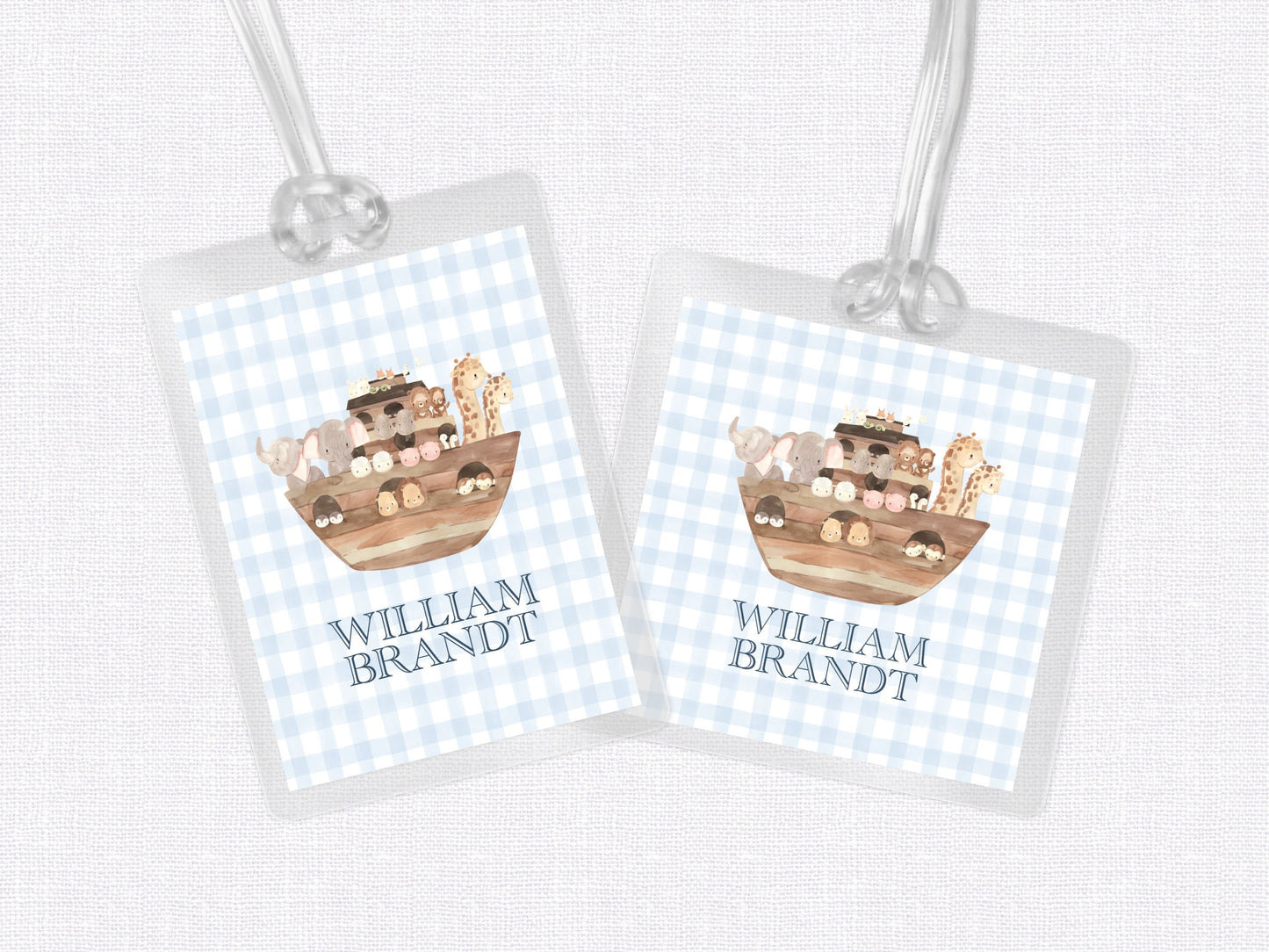 Noah's Ark Bag Tag, Luggage Tag, Baby Boy Bag Tag, Laminated Bag Tag, Blue Gingham Bag Tag