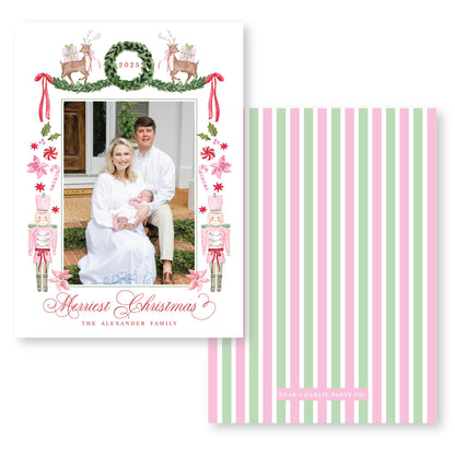 Exclusive Art | Reindeer, Nutcrackers and Ribbons Pink | 5x7 Holiday Photo Card with Envelope