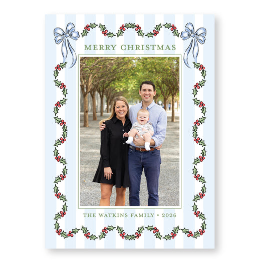 Holly Jolly Stripes in Blue | 5x7 Holiday Photo Card with Envelope