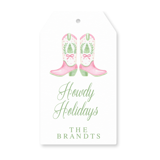 a tag with a pair of pink boots on it