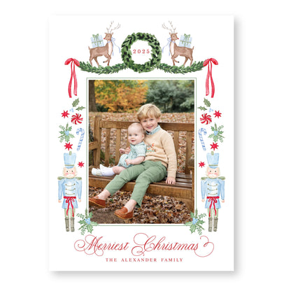 Exclusive Art | Reindeer, Nutcrackers and Ribbons Blue | 5x7 Holiday Photo Card with Envelope