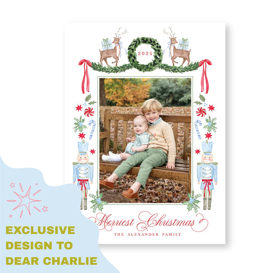 Exclusive Art | Reindeer, Nutcrackers and Ribbons Blue | 5x7 Holiday Photo Card with Envelope